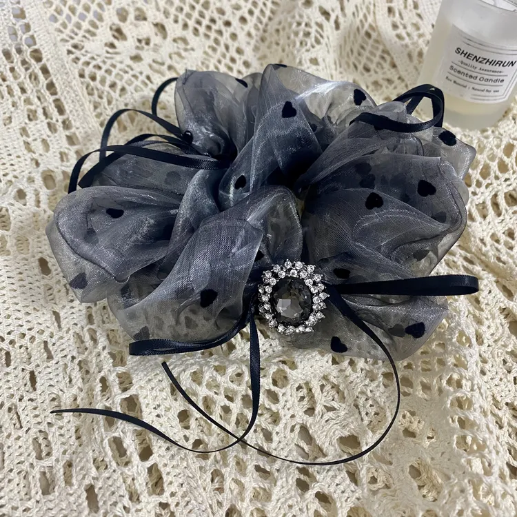 韩国Eunoia Nero【春夏网纱椭圆锆石爱心小波点肠圈】4037黑色皮筋