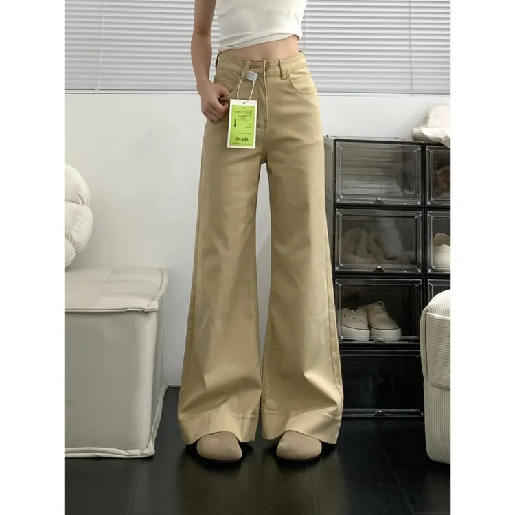 美式卡其色微喇牛仔裤女2025春秋新款低腰辣妹显瘦不贴腿喇叭裤子