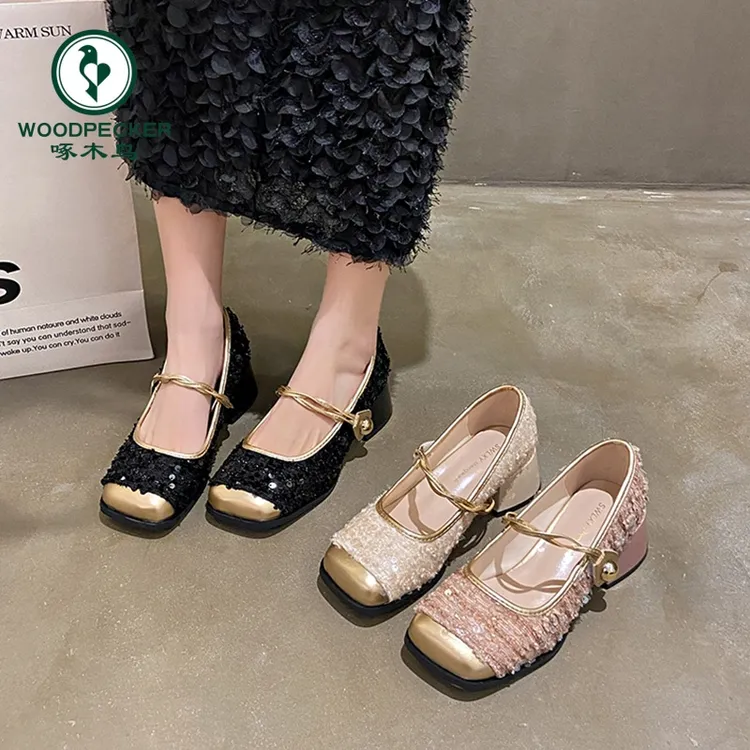 啄木鸟法式玛丽珍高跟鞋女2025新款春季仙女亮片晚晚鞋子粗跟单鞋