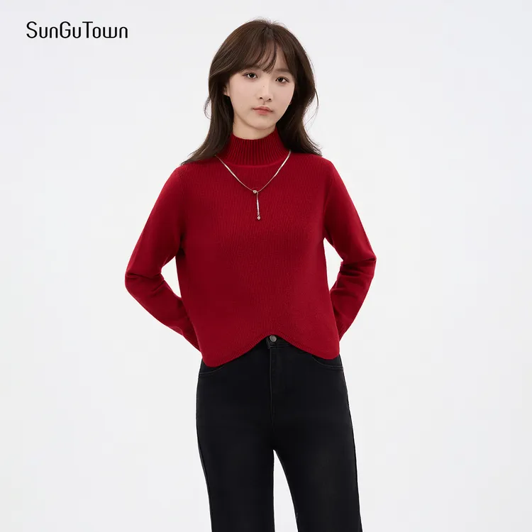 森谷小城女毛针织衫正红色套头毛衣百搭女装半高领长袖5DQM08162