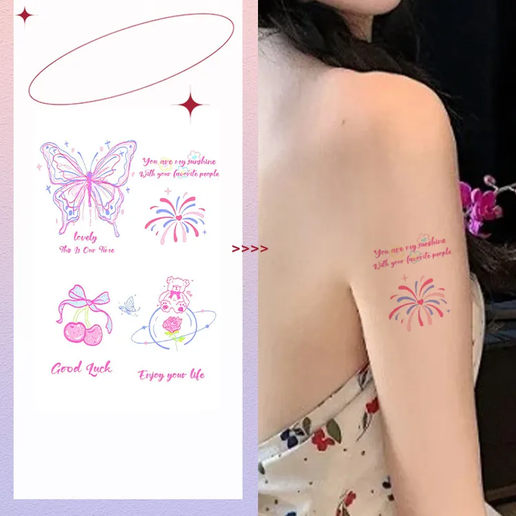 彩色蝴蝶纹身贴防水持久女生多巴胺粉色性感小众高级感逼真刺青