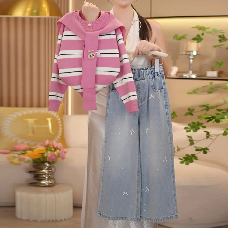 女童春秋季套装韩系2025新款儿童甜美假两件毛衣烫钻牛仔裤两件潮