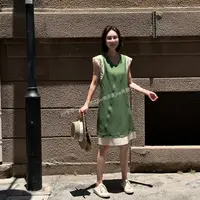 年终大促 时尚百搭无袖拼接蕾丝花边休闲连衣裙2577Y2