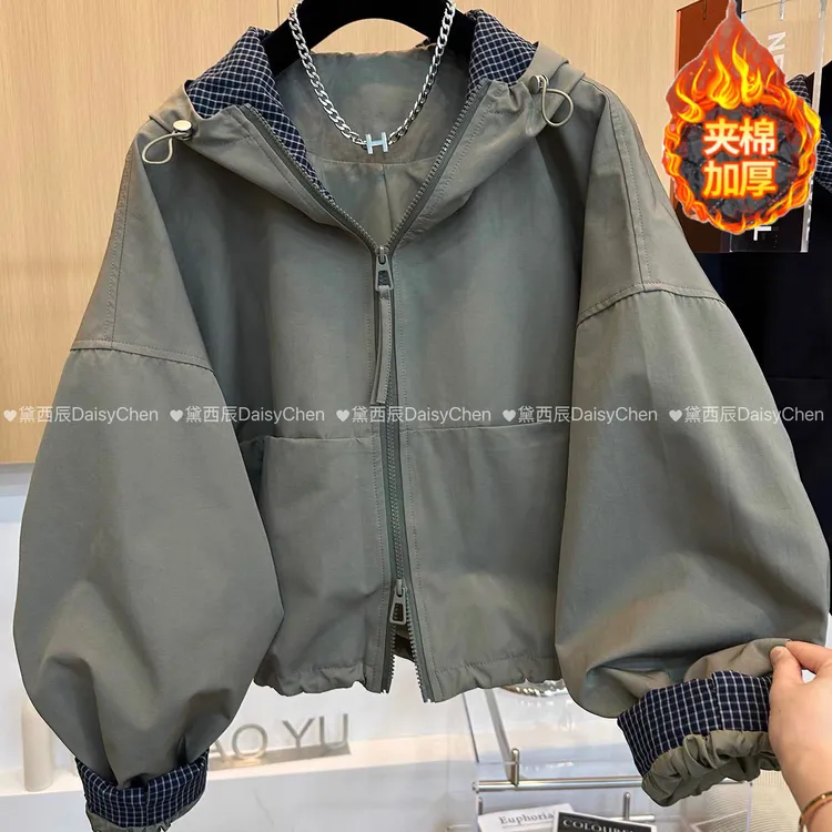 夹棉加厚格子撞色假两件休闲短外套拼接连帽欧货双拉链秋冬棉服女