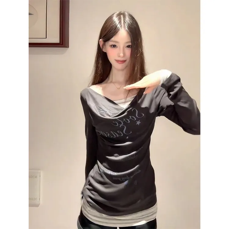 甜酷辣妹风假两件长袖露肩T恤女秋季2025新款修身显瘦百搭上衣潮