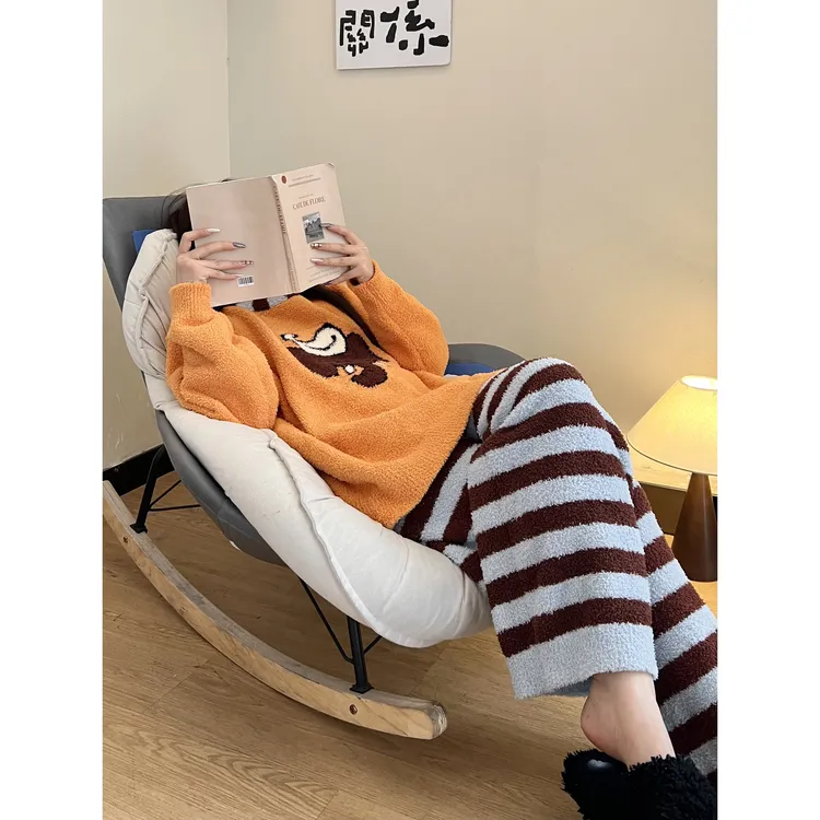 可爱小象针织半边绒睡衣女冬季新款大码加厚家居休闲服套装可外穿