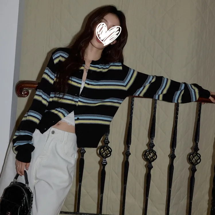 黑色条纹针织衫女撞色休闲圆领常规秋休闲长袖外搭开衫上衣