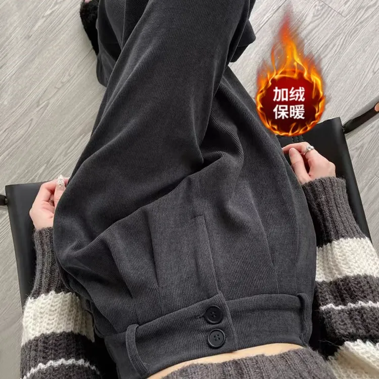 欧棉绒阔腿裤女秋冬季高腰垂感直筒显瘦秋冬加绒小个子西装休闲裤