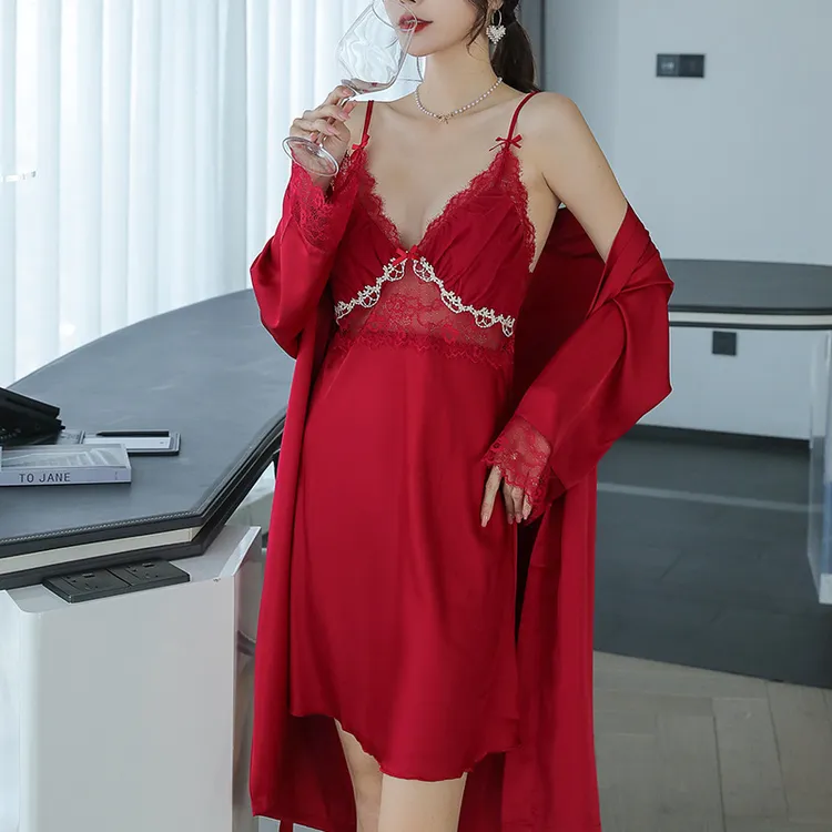 新品带胸垫性感吊带睡裙蕾丝两件套睡袍女士夏季镂空网纱睡衣内裤