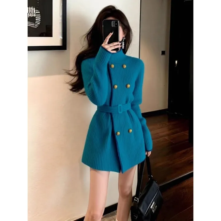 轻熟风高级感孔雀蓝针织外套秋季新款系带收腰多巴胺立领长袖上衣