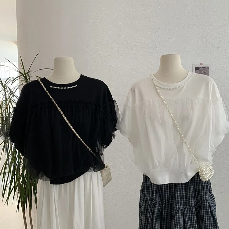 欧玛莱 褶皱网纱拼接重工钉珠圆领套头短袖T恤女夏季宽松上衣3732