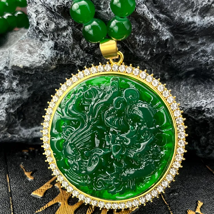 锌合金仿水晶吊坠 国风龙凤呈祥吊坠碧绿色高端贵气妈妈百搭饰品