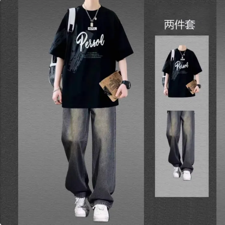 夏季短袖t恤套装男士潮牌上衣搭配直筒牛仔裤男生帅气时尚两件套