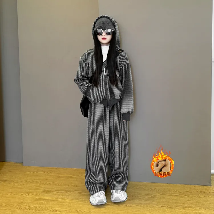 女童2025新款儿童秋冬季韩系时尚条纹加绒加厚卫衣外套休闲裤套装
