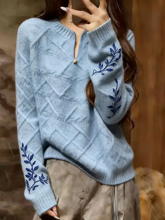 蓝色小众洋气舒适显白新中式针织衫女2025秋冬新款设计感大码上衣