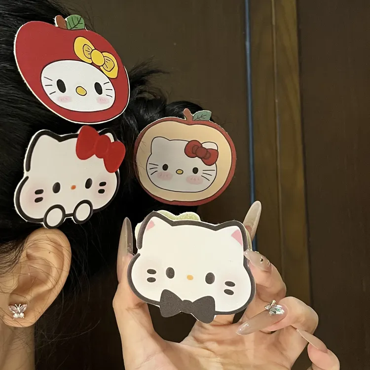  可爱苹果蝴蝶结KT猫魔术贴甜美少女ins风侧边碎发刘海贴无痕发饰