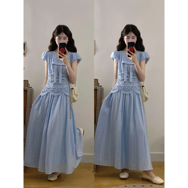 四季通用小个子浅蓝色醋酸纤维大码蕾丝镂空刺绣蝴蝶结泡泡袖通勤