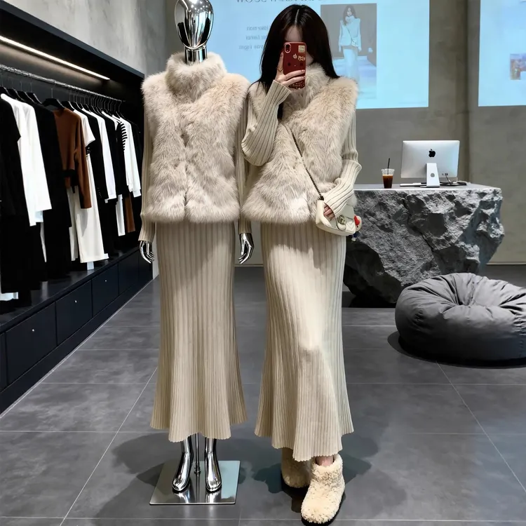 【现货】2026超火冬装穿搭一整套韩版立领毛绒马甲百搭连衣裙两件套