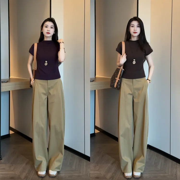 秋季新款宽松阔腿裤时尚女裤子+ 秋季新款舒适修身显瘦女上衣套装