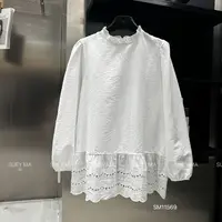 鑫燃Kiki 法式气质木耳边显瘦甜美风钩花圆领长袖衬衫 11569 SM