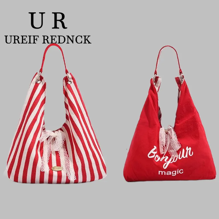 UREIF REDNCK韩系感单肩托特包女2025新款条纹双面慵懒风通勤包
