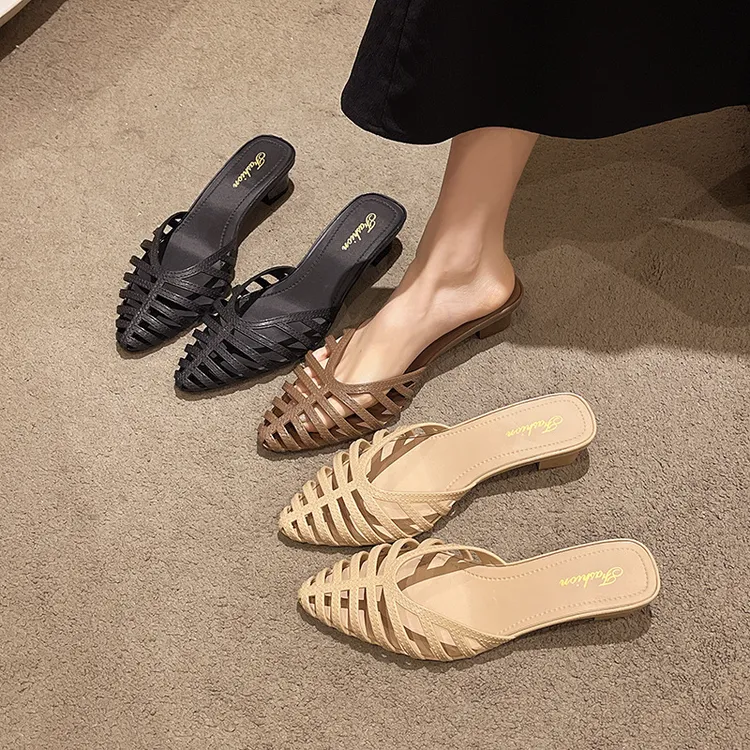 新店福利跨境个性复古罗马凉鞋2025春夏黑色镂空女鞋尖跟包鞋