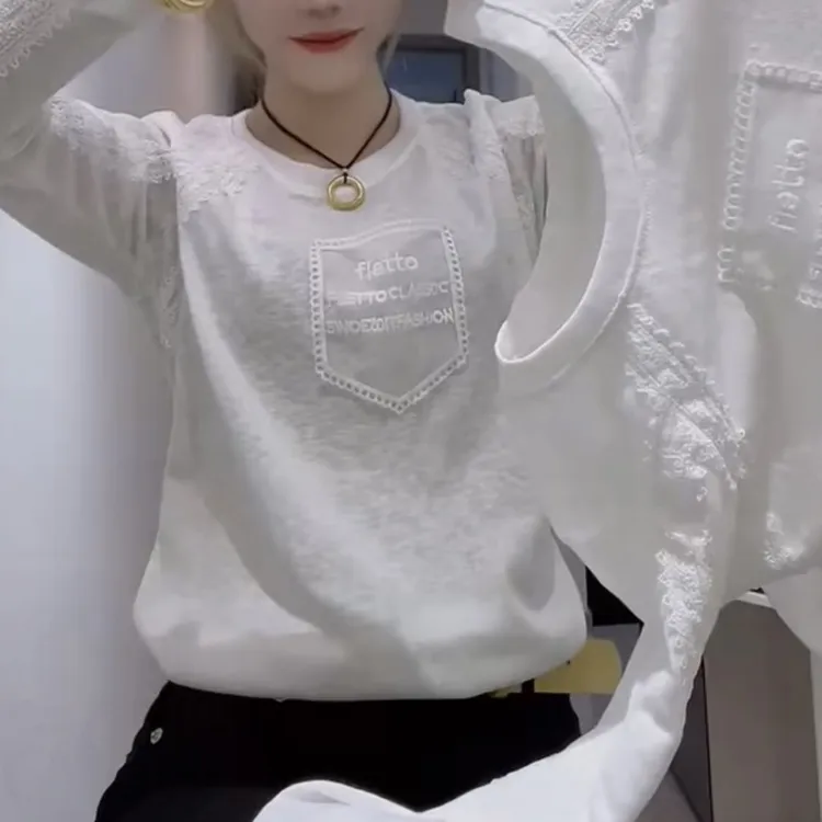 女士白色长袖蕾丝拼接花边设计感松弛感T恤5268