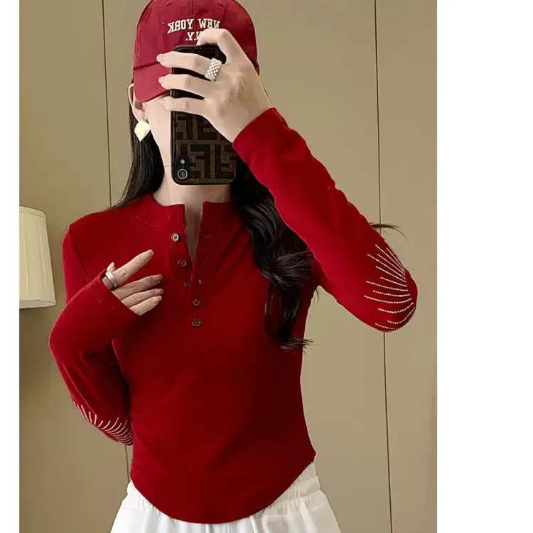 【东莞品牌/正品】2025秋冬季新磨毛薄绒烫钻长袖T恤