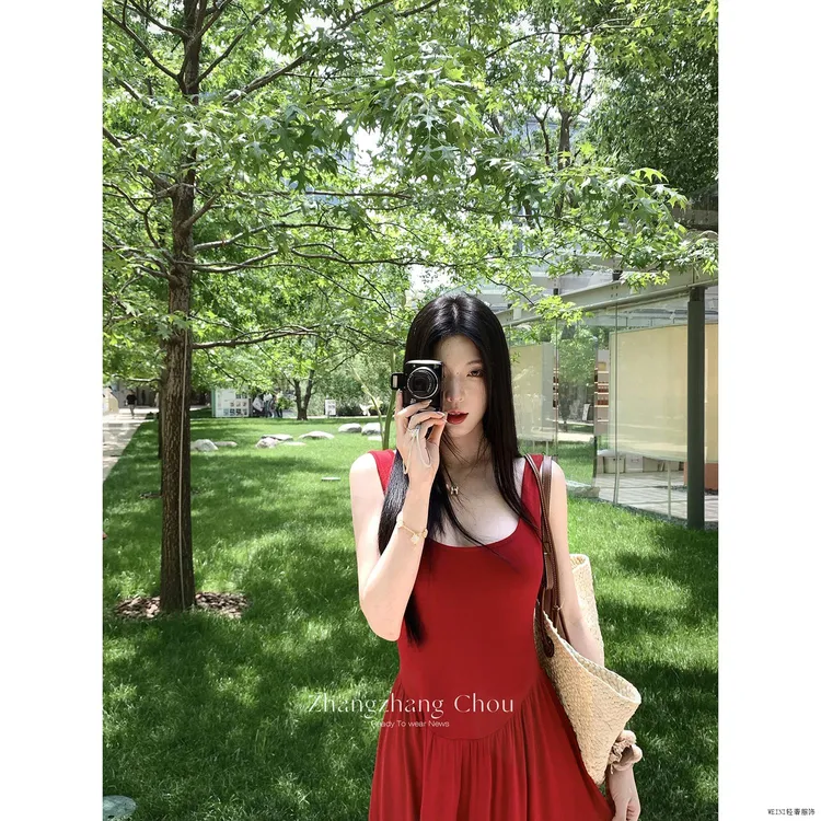 玫馥花集夏季网红款红色无袖法式优雅复古修身显瘦气质吊带长裙