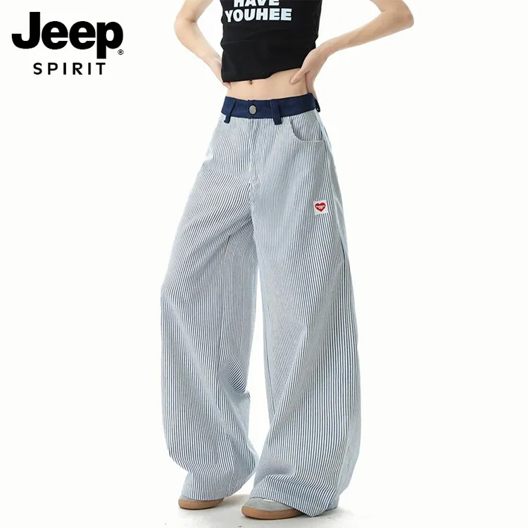 吉普秋季美式复古竖条纹裤子男女同款爱心刺绣宽松显高显瘦休闲裤