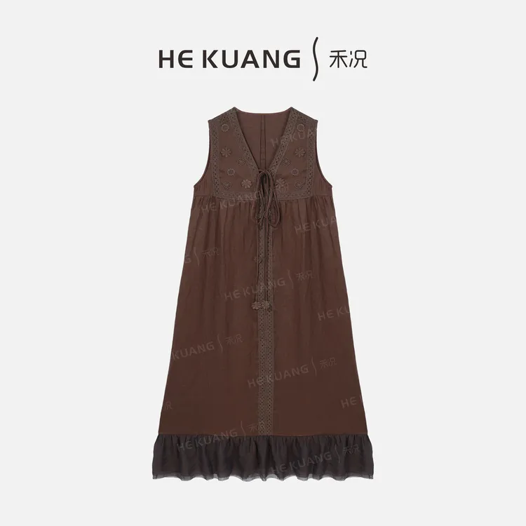 禾况HEKUANG【芳兰】亚麻V领无袖亚麻重工提花清凉连衣裙L652 0278