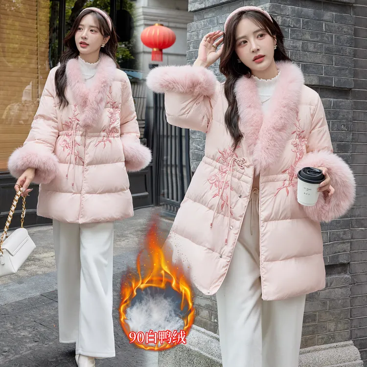 高级感新中式羽绒服女2025冬季新款中长款收腰系带白鸭绒加厚外套