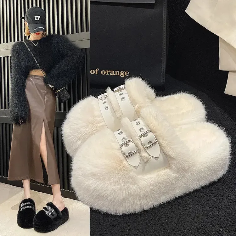 时尚7公分小众设计感厚底毛毛拖鞋女外穿2025秋冬季新款包头毛绒