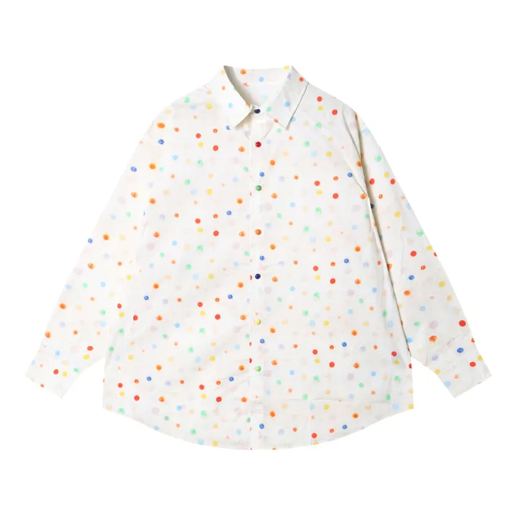 早春新款时尚个性彩色撞色圆点翻领长袖衬衫小众设计百搭情侣上衣
