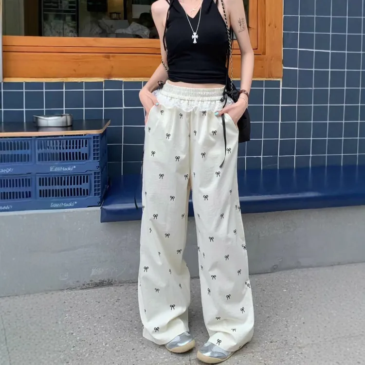 夏季宽松松紧腰阔腿裤直筒裤甜辣妹蕾丝边拼接休闲裤蝴蝶结裤子女