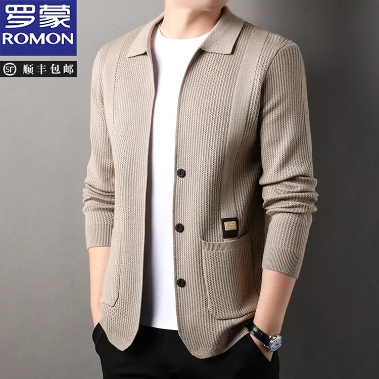 罗蒙秋季时尚百搭针织开衫男士商务休闲纯色翻领外穿毛衣休闲上衣