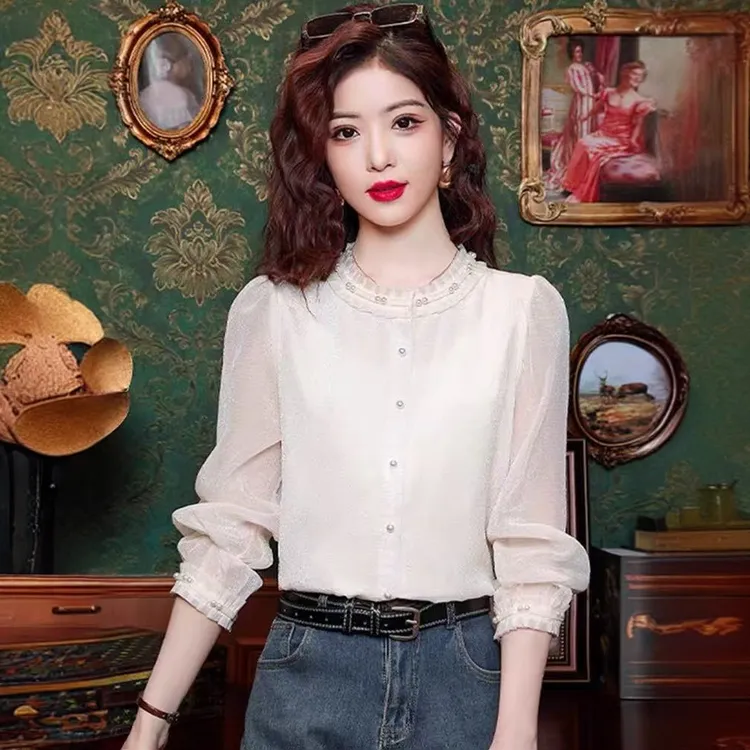法式高级感钉珠荷叶领长袖衬衫女春季新款别致减龄气质上衣5168