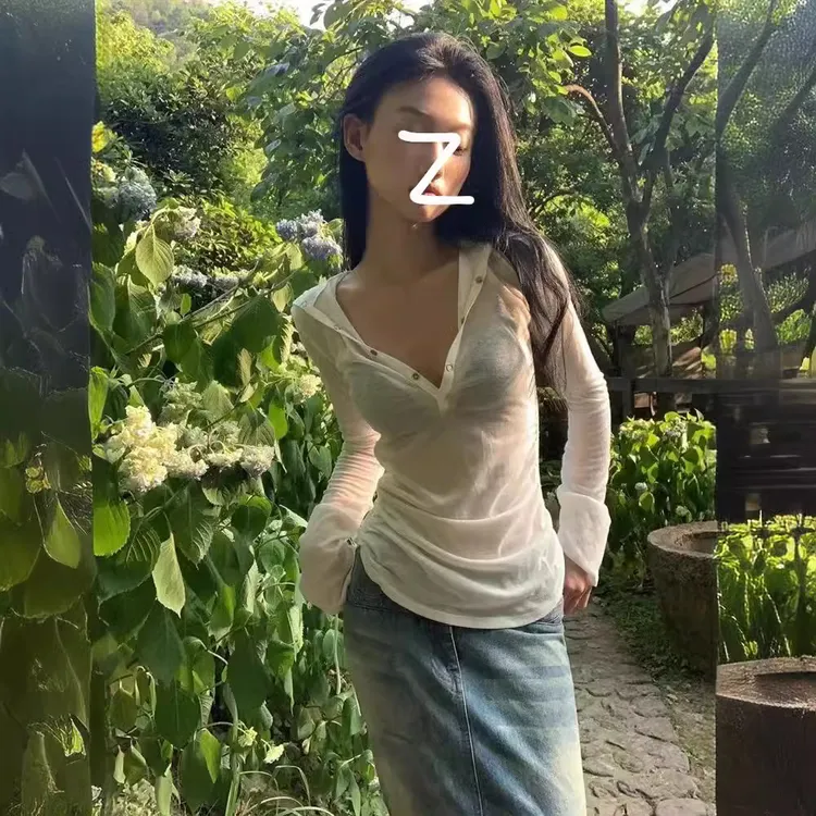 纯欲辣妹恤女夏季薄纱领长袖罩衫修身微透褶皱抽绳连帽上衣