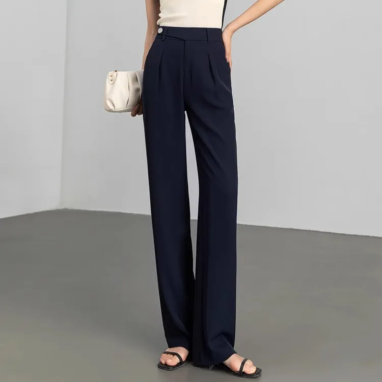 藏蓝色阔腿裤女2026新款春夏高腰加长西装裤高级感垂感冰丝直筒裤