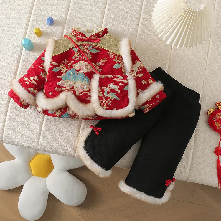 冬季宝宝国风加绒加厚新中式喜庆保暖新年装红红火火拜年服套装