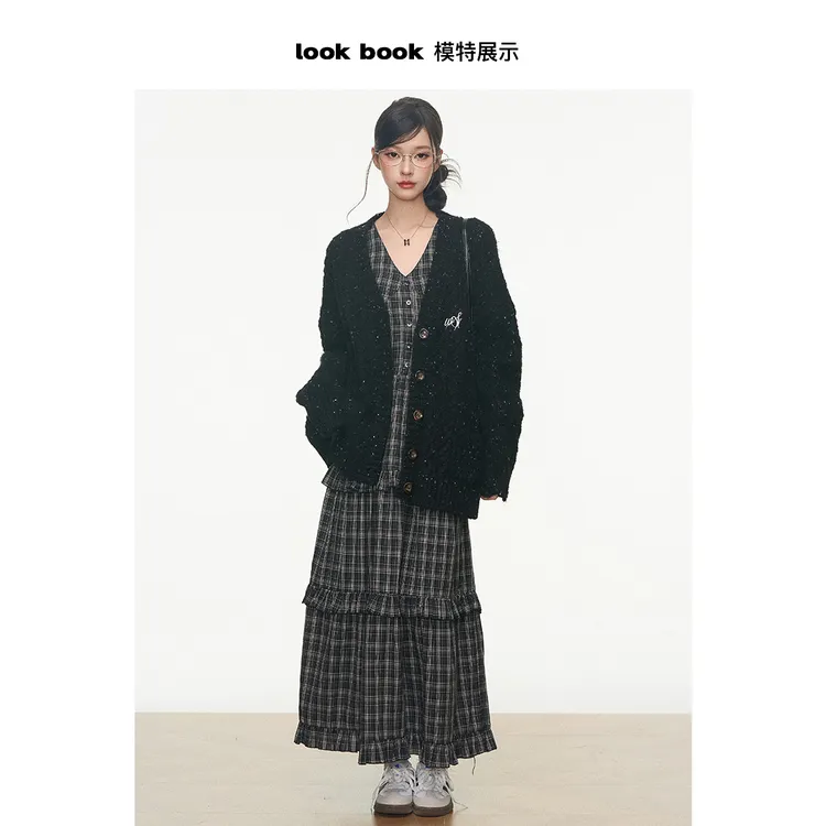 7.20新品 WESTAYONE宽松彩点毛衣开衫外套女灰色慵懒风+连衣长裙