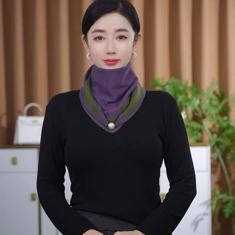 韩版秋冬针织磁扣拼色三角巾女士时尚围巾春秋百搭洋气围巾款