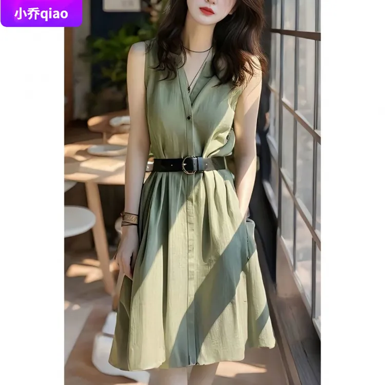 12025军绿色连衣裙夏季新款轻奢感遮肉显瘦今年流行的裙子女款I
