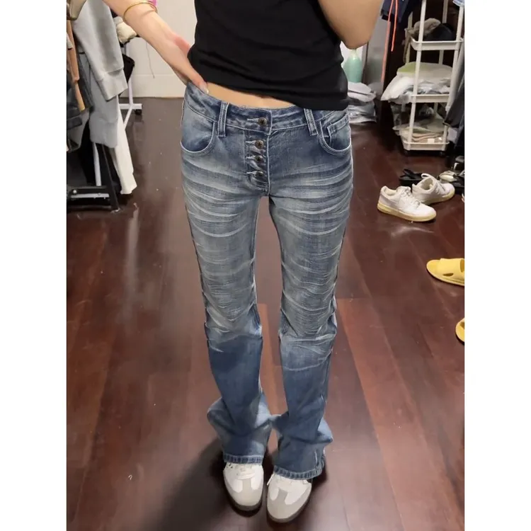 美式辣妹高级感弹力显瘦低腰微喇牛仔裤女2025新款小众百搭直筒裤