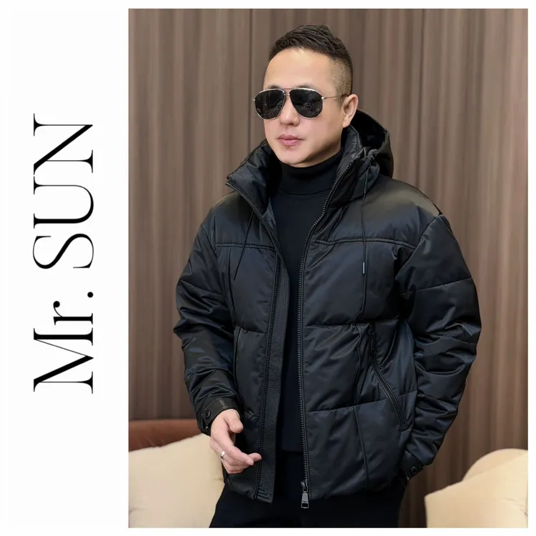 孙先生男装｜光感面料男士鹅绒服拼山羊皮连帽保暖羽绒服21118