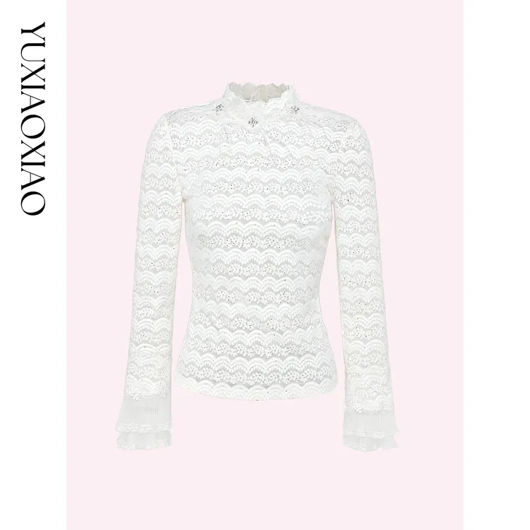 余潇潇【月神海浪】精致百搭高弹力拼接亮片立体花朵蕾丝打底上衣