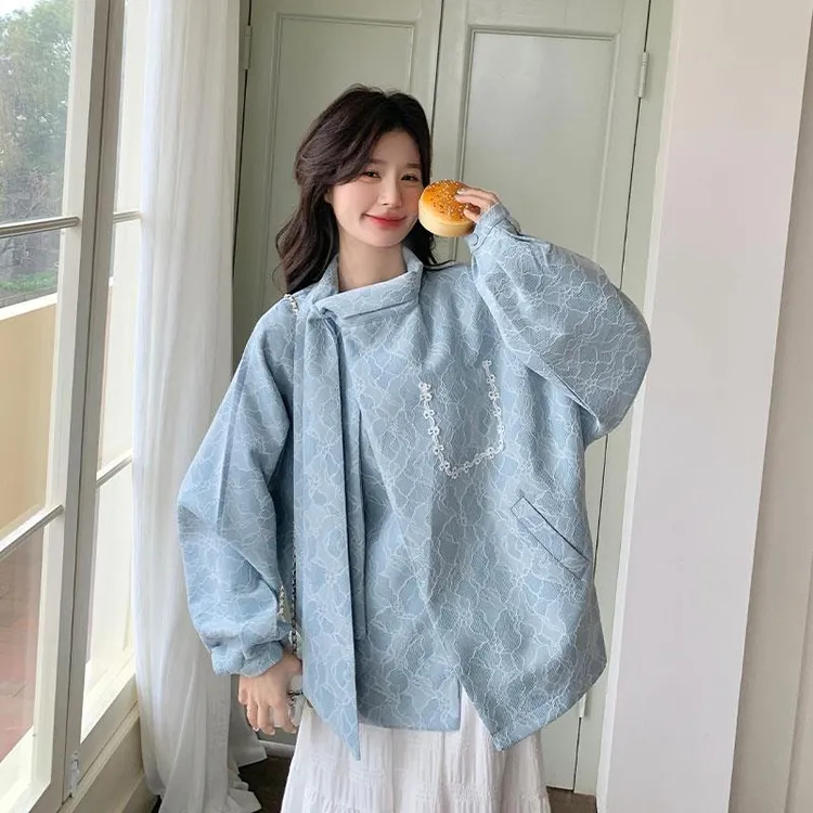 蓝色独特漂亮印花小香风外套2025新款女春秋超好看高级设计感上衣