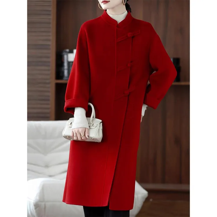 红色呢大衣女秋冬季高级感高贵气质新中式国潮风纯羊毛双面呢外套