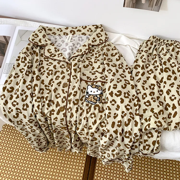 豹纹秋季长裤长袖睡衣家居服套装休闲宽松宽大洋气250斤穿特大码