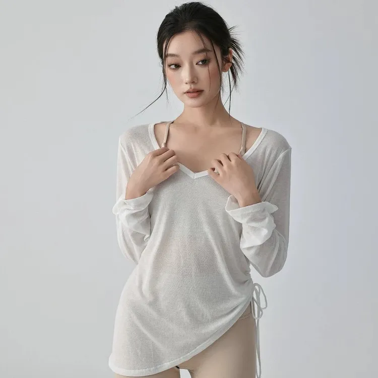 宽松休闲瑜伽罩衫长袖遮臀上衣褶皱抽绳T桖普拉提健身瑜伽服